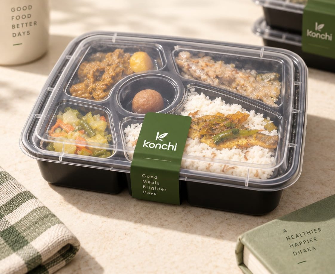 Konchi-branded meal box with rice, fish, vegetables and other dishes, on a warm tabletop